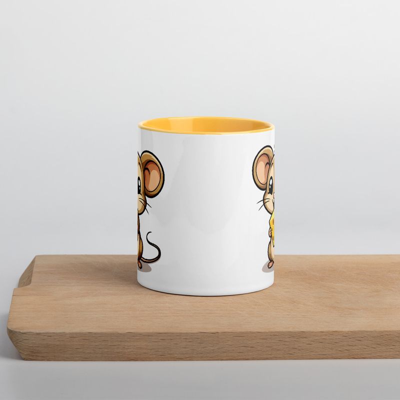White Ceramic Mug with Color Inside,11&amp;15oz,Small Mouse happily licking large chunk of cheese,pqapy6