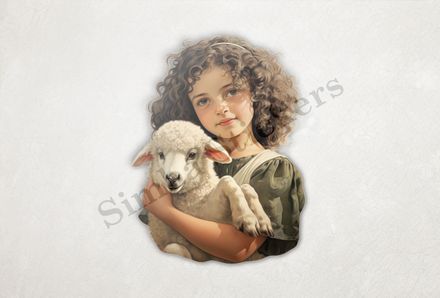 Cute lamb in the arms of small Mediterranean girl, vintage