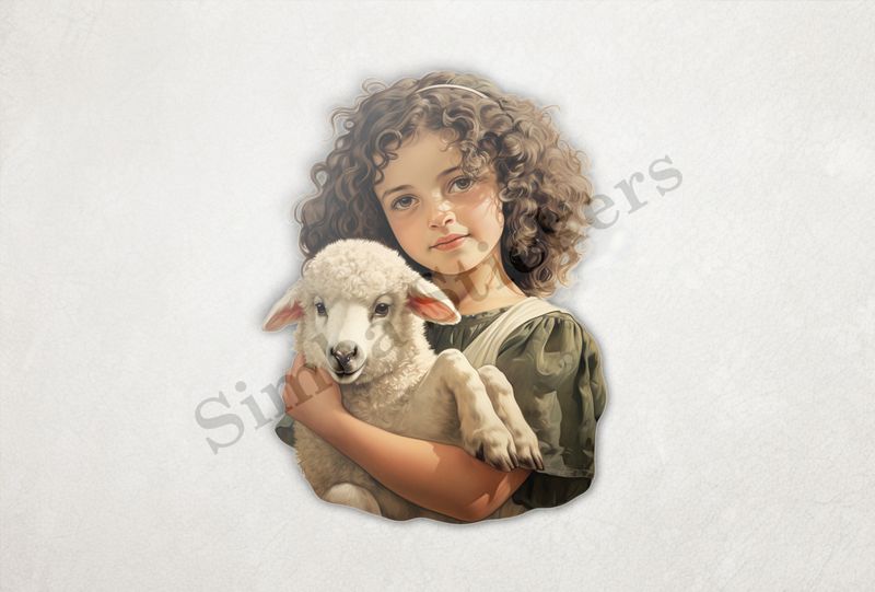 Cute lamb in the arms of small Mediterranean girl, vintage