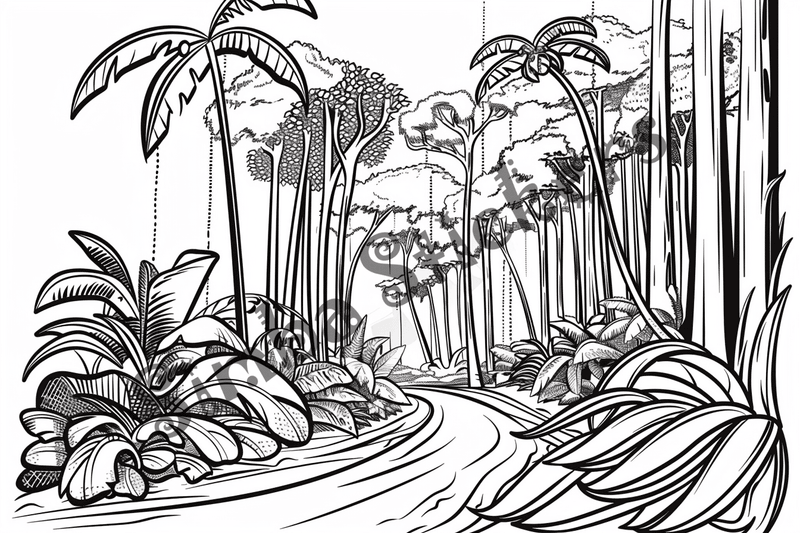 Colouring pages, bundle of Equatorial Rainforest landscape, 25 images