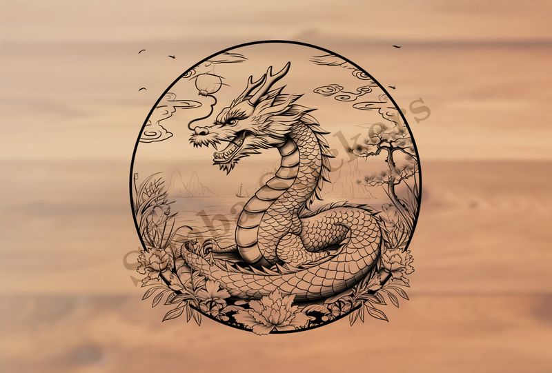 Chinese dragon on the edge of the sea, outline art