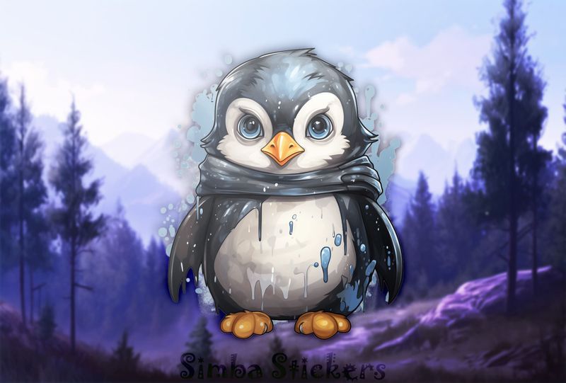 Penguin wearing scarf looking serious, watercolour, bmb6mv