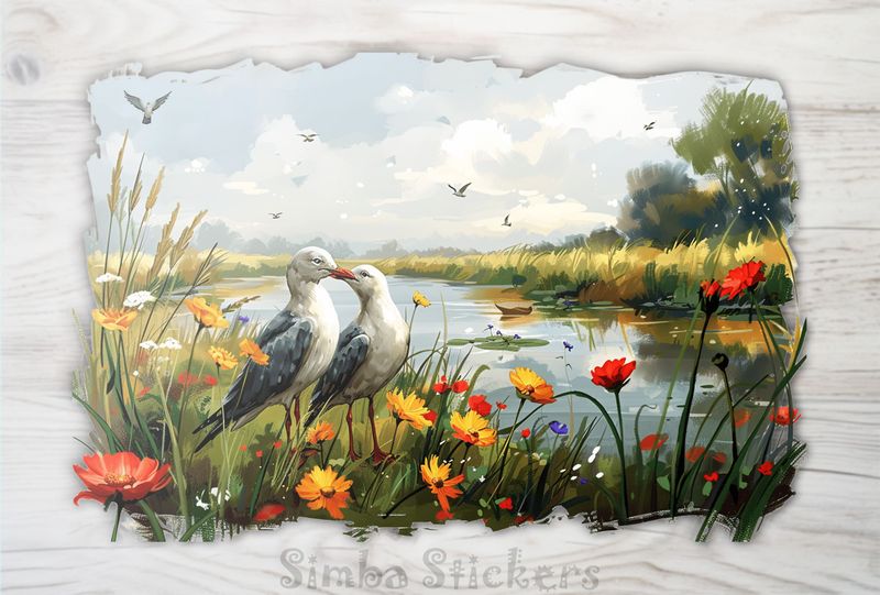 Seagulls in love on the bank of a creek, watercolour, cwaguy