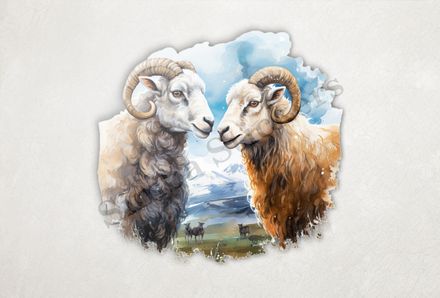 Sheep ewe and ram in love, mountaneous background, watercolour