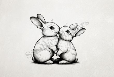 Bunnies nose-to-nose  in love, outline art