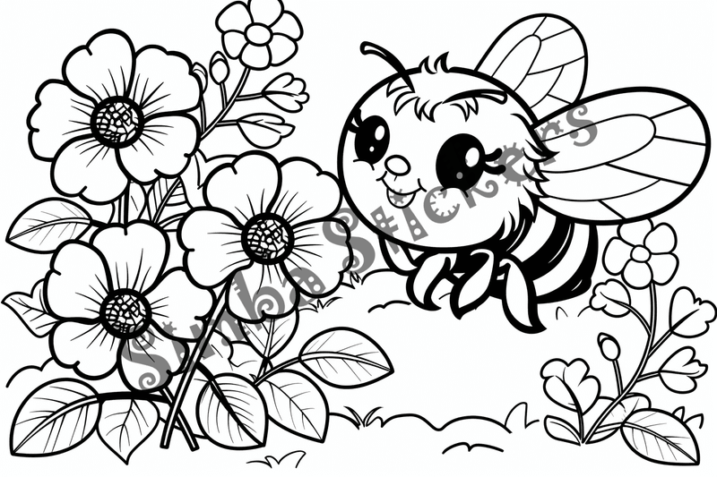 Colouring pages, bundle of bees around flowers, 10 images