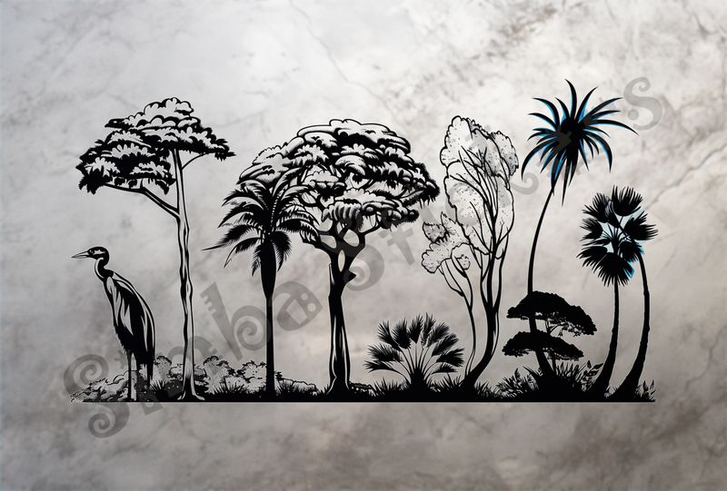 Equatorial Rainforest landscape, large bird, outline art