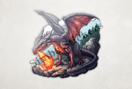 Dragon breathing fire from a high rock