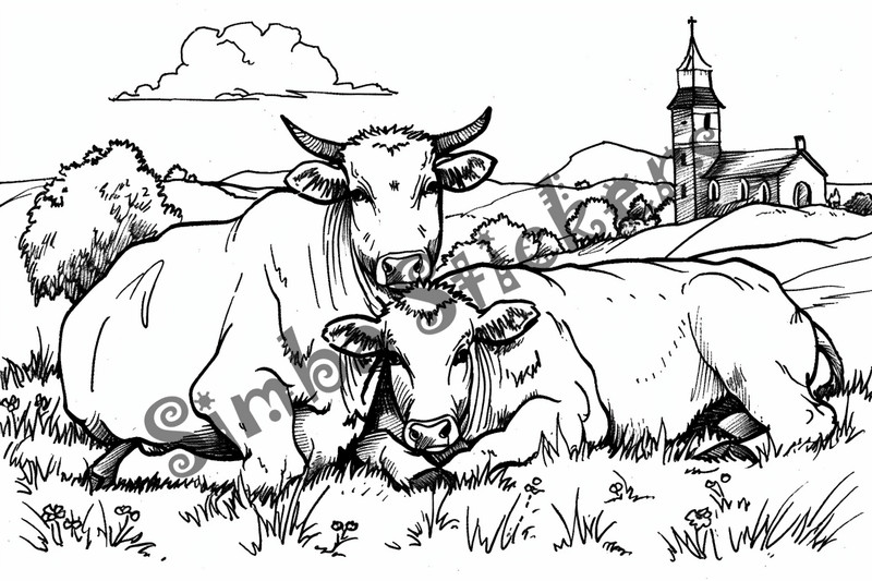 Colouring pages, bundle of cattle on beautiful farm, 10 images