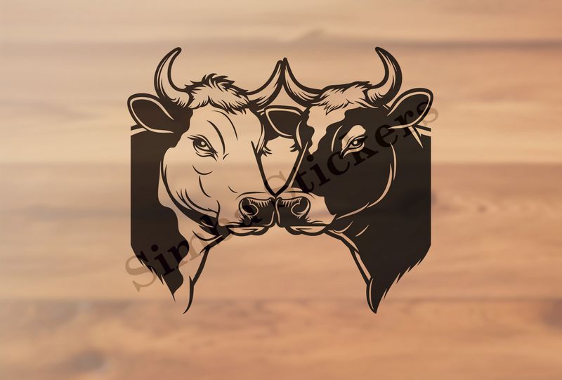 Bull and cow nose-to-nose , hearts floating above outline art