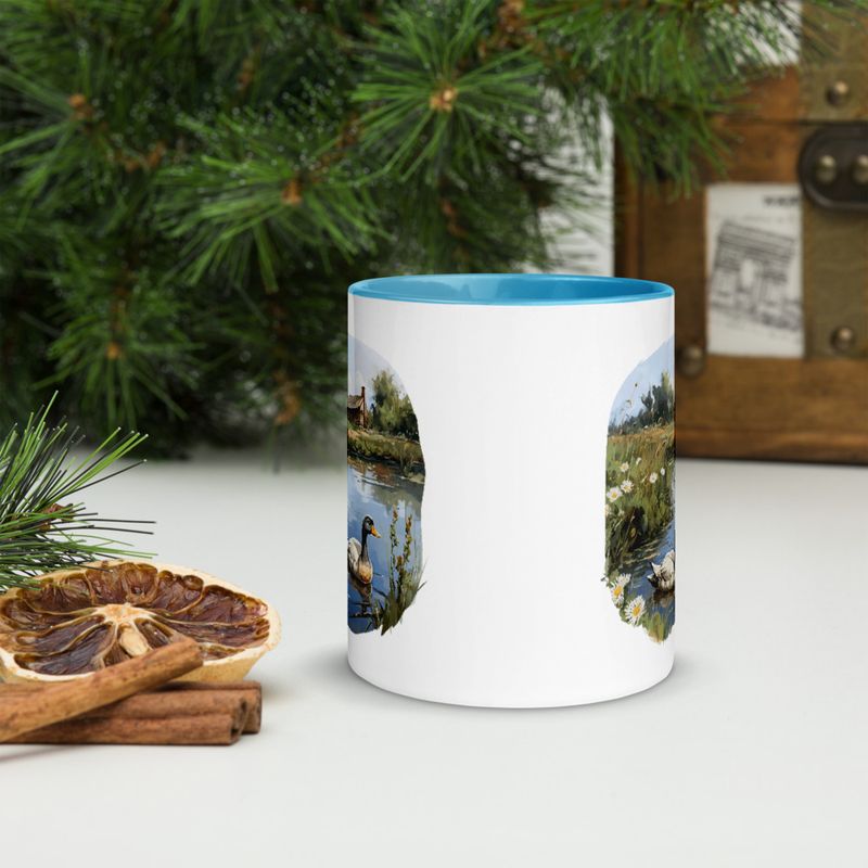 White Ceramic Mug with Color Inside, 11 &amp;15oz, Ducks in love swimming in farmhouse pond 