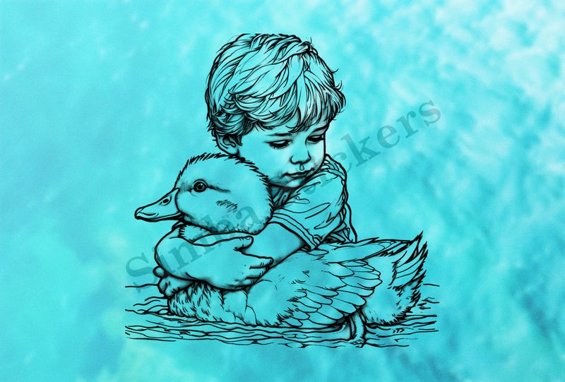 Duck hugged by small boy, outline art