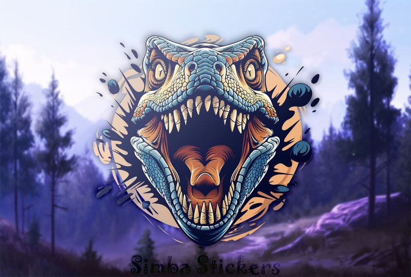 Dinosaur with blue skin roaring head-on
