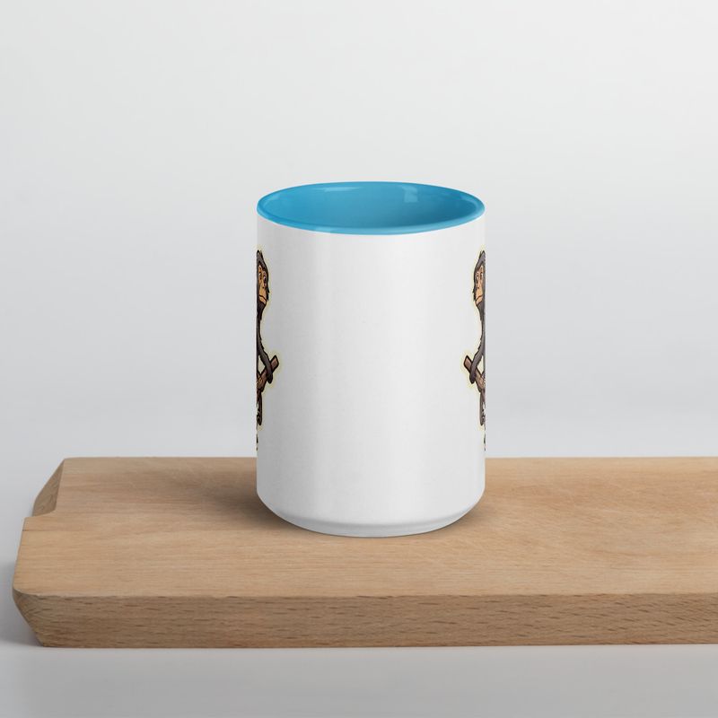 White Ceramic Mug with Color Inside, 11oz &amp; 15oz, Baboon on a tree, looking sad, head-to-head