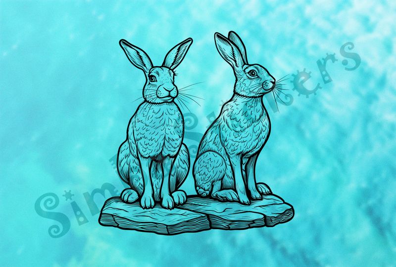 Hares standing on rocks, outline art