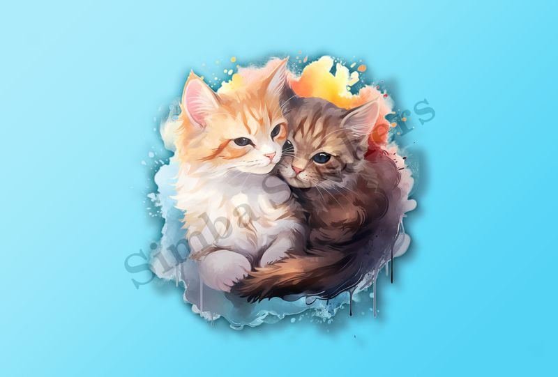 Cats cuddling, watercolour