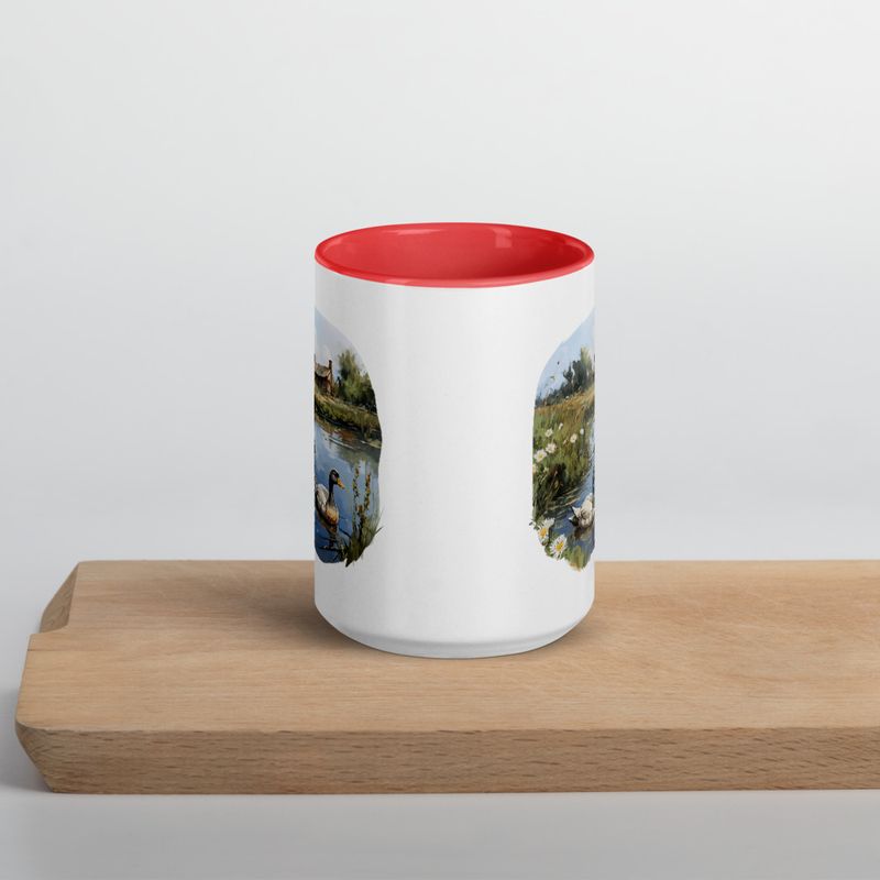 White Ceramic Mug with Color Inside, 11 &amp;15oz, Ducks in love swimming in farmhouse pond 