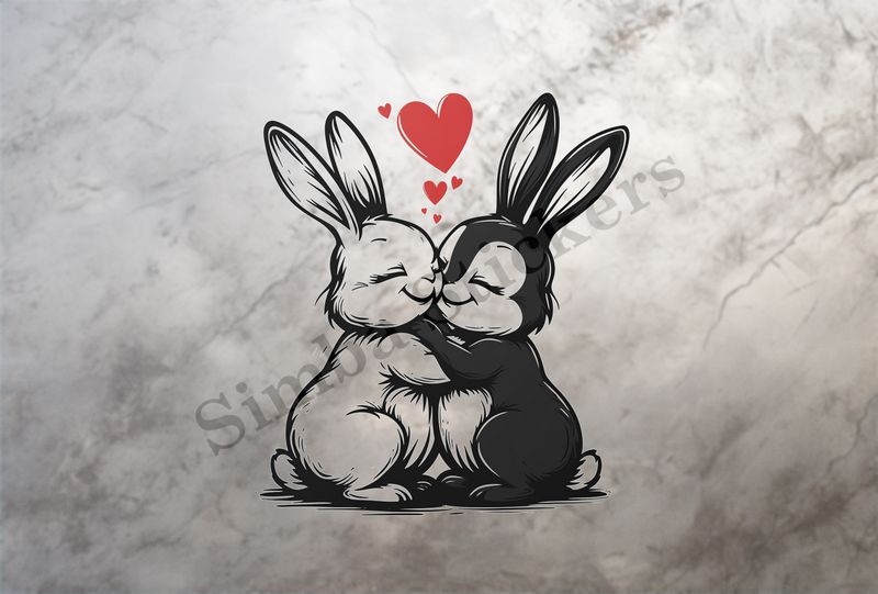 Bunnies in love, nose-to-nose, hearts in air, outline art