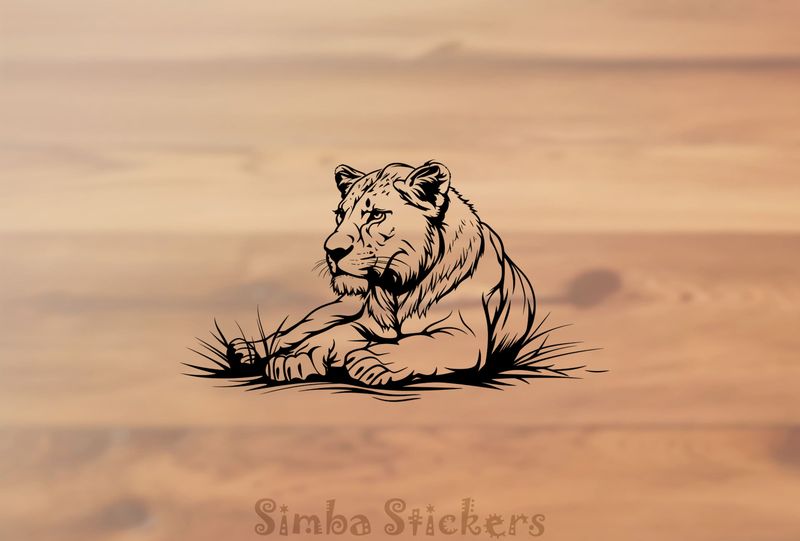 Lioness resting atentively in the Savanna, outline art, 1r0yyl