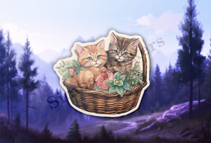 Cat kittens in a basket, vintage watercolour