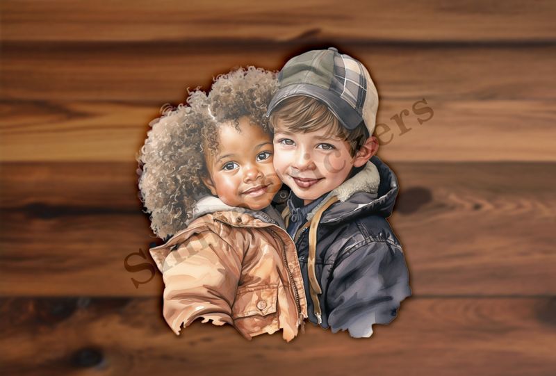 Girl and boy cheek-to-cheek, boy in hat