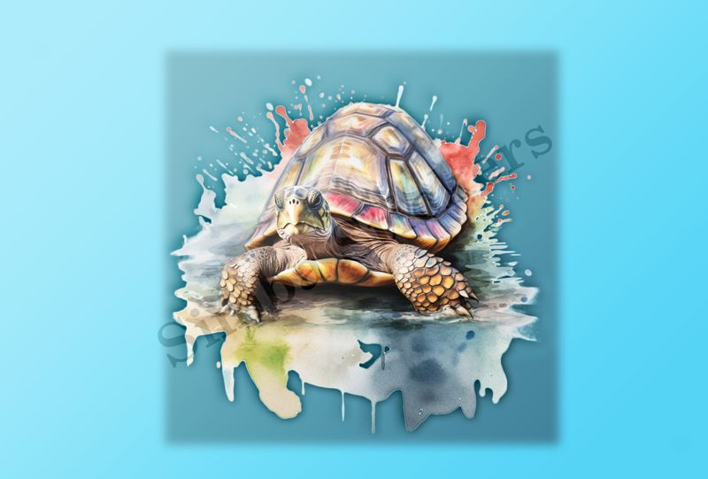 Tortoise in pool of water, watercolour