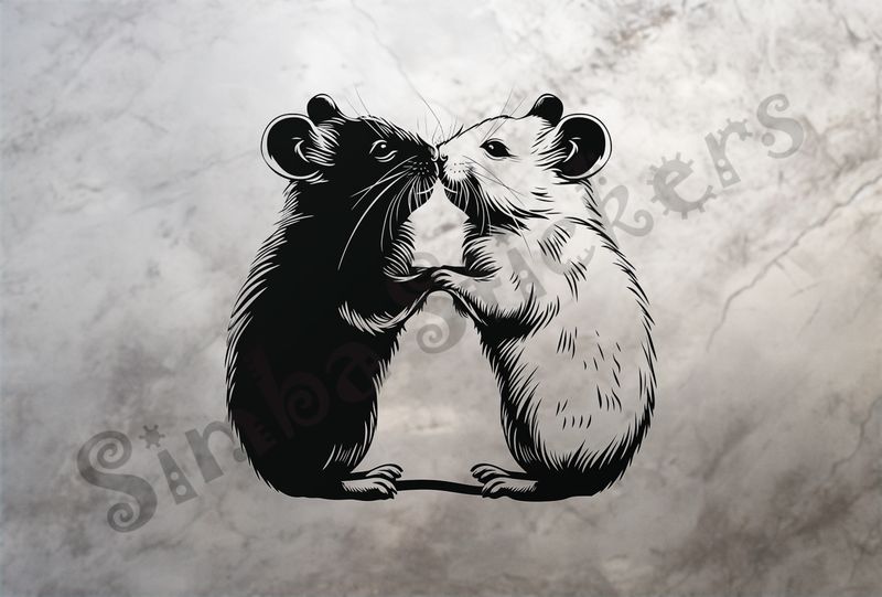 Mice nose-to-nose in love, holding hands, outline art