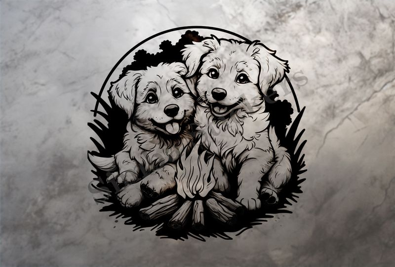 Dogs cuddling by a bonfire, outline art