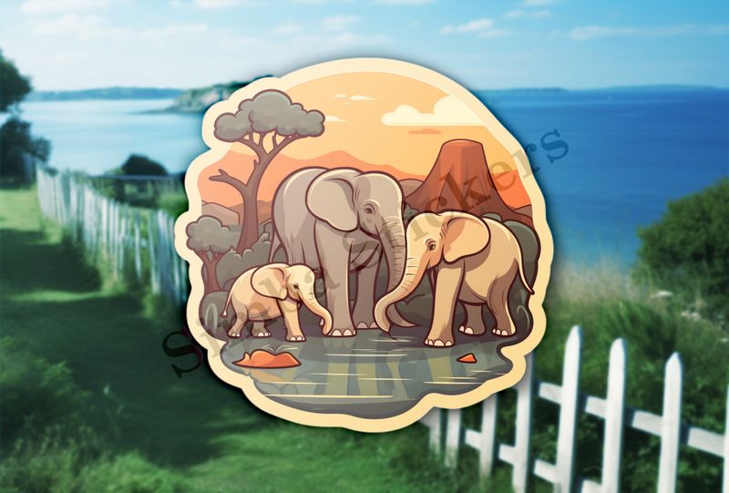 African elephant family at a pond in the Savanna