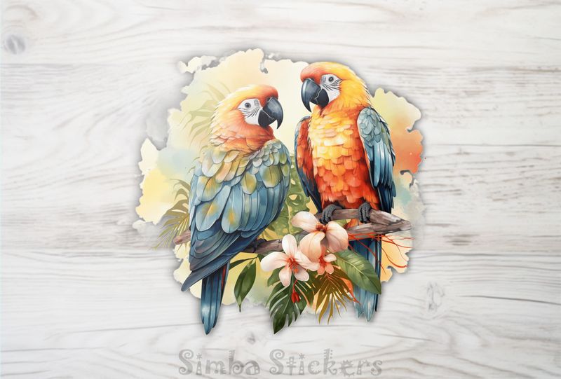 Multi-coloured parrots in love perching above flowers, watercolour, bqamxe