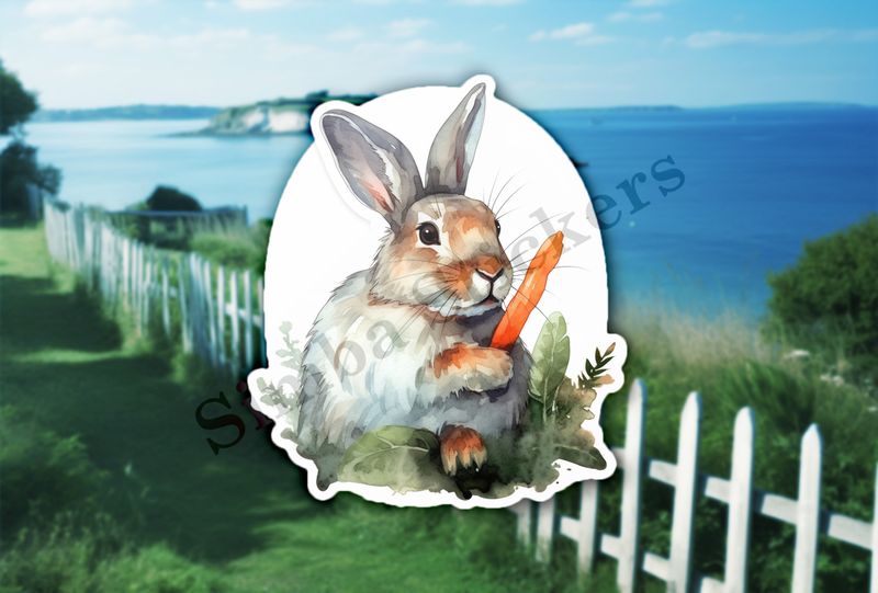 Rabbit holding a carrot, watercolour