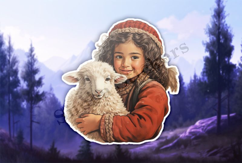 Sheep in arms of girl with red hat, vintage