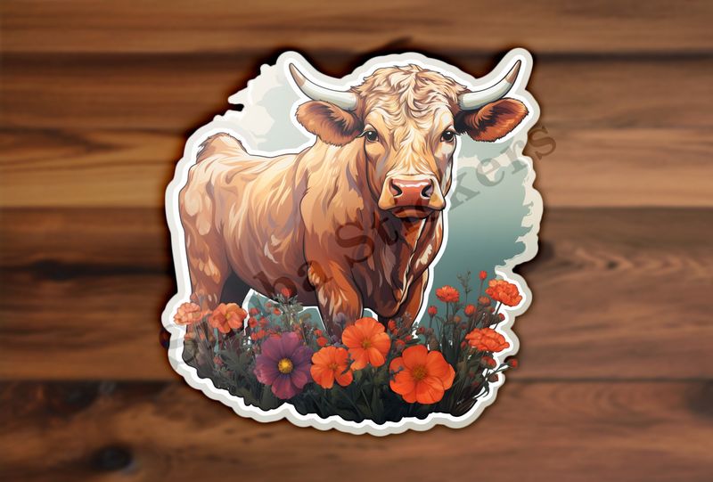 Bull in a field of flowers, watercolour