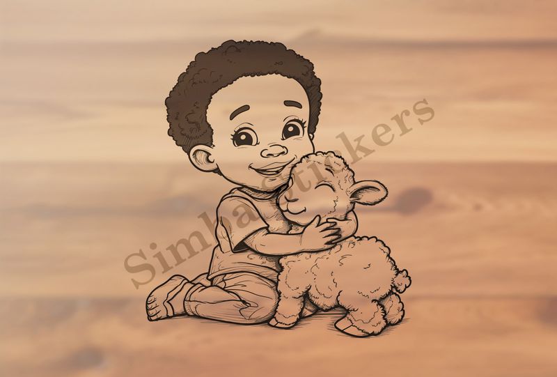 Lamb being hugged by small boy of African origin, outline art