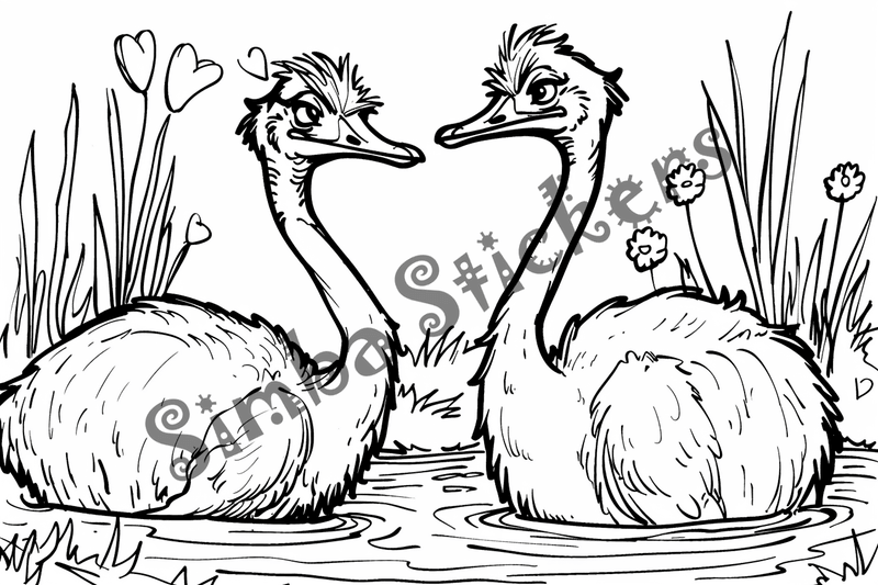 Colouring pages, bundle of ostriches in love, 25 images