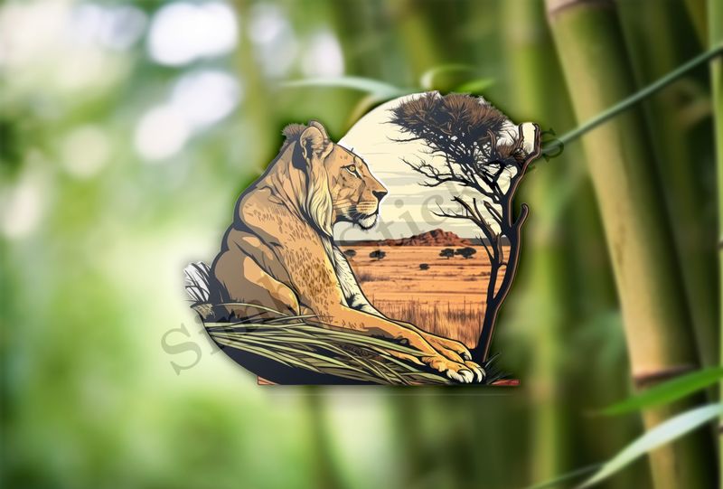 Female lion sitting in the Savanna