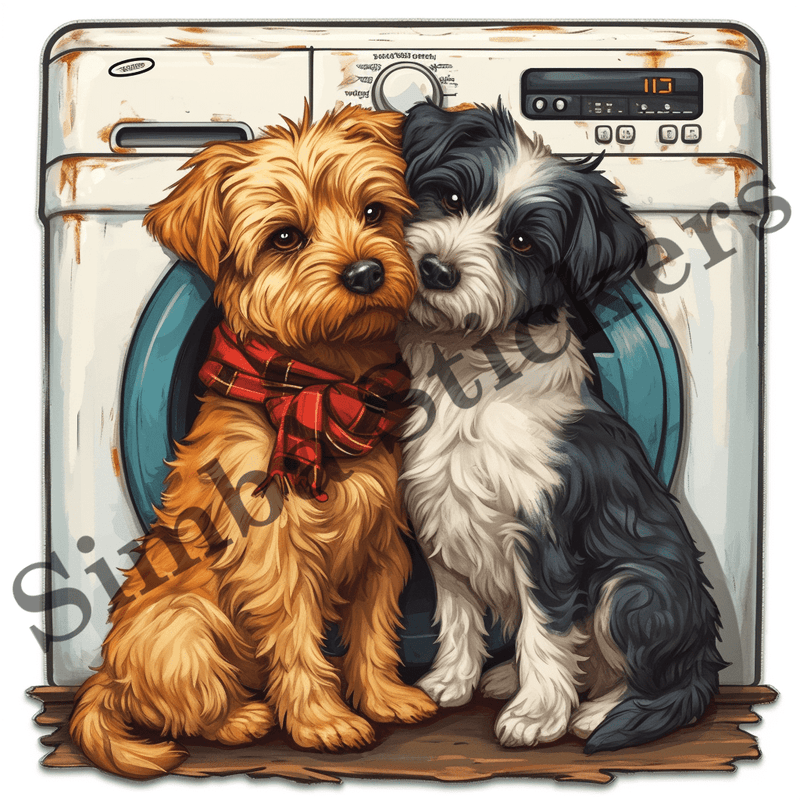 Dogs cuddling by washing machine, image set, 10 images