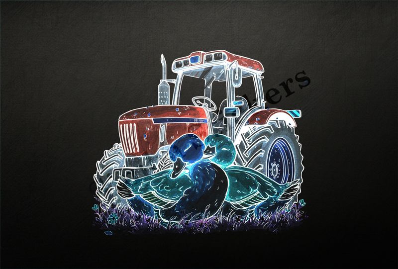 Ducks cuddling next to farmer&#x27;s tractor