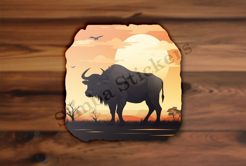 Buffalo in the African Savanna, with sunset background