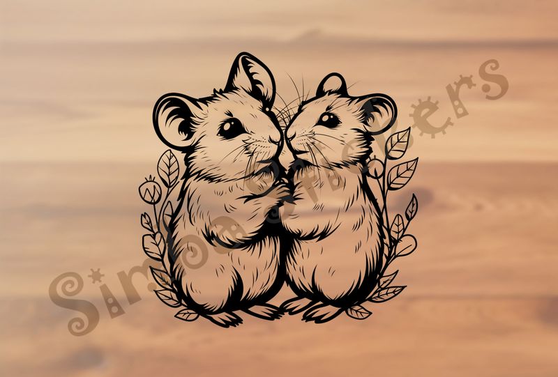 Mice in warm leafy embrace,  outline art