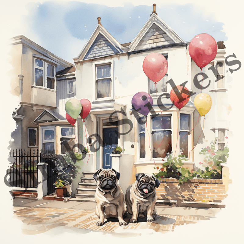 Pug dogs outdoors, image set, 10 images
