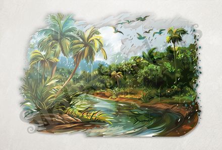Equatorial Rainforest under the rain, with flowing river
