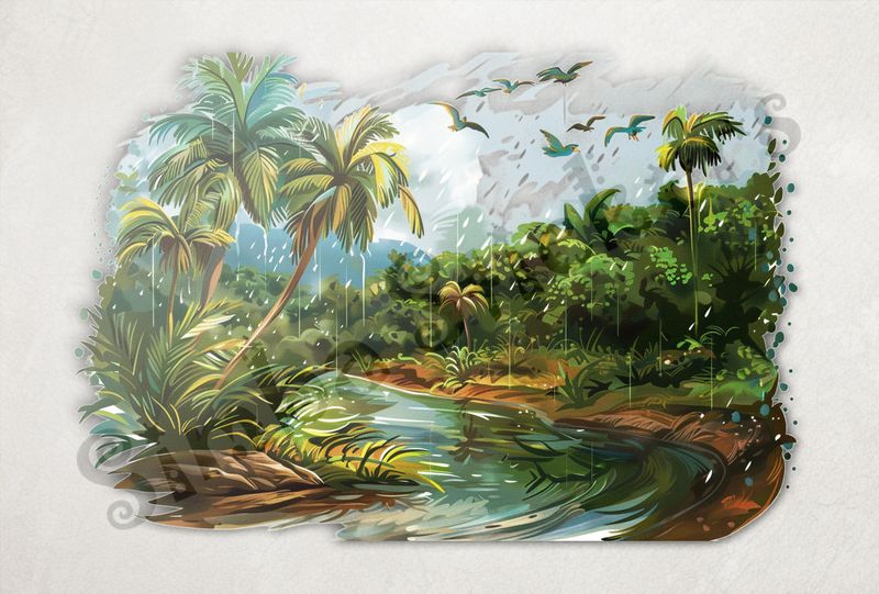 Equatorial Rainforest under the rain, with flowing river