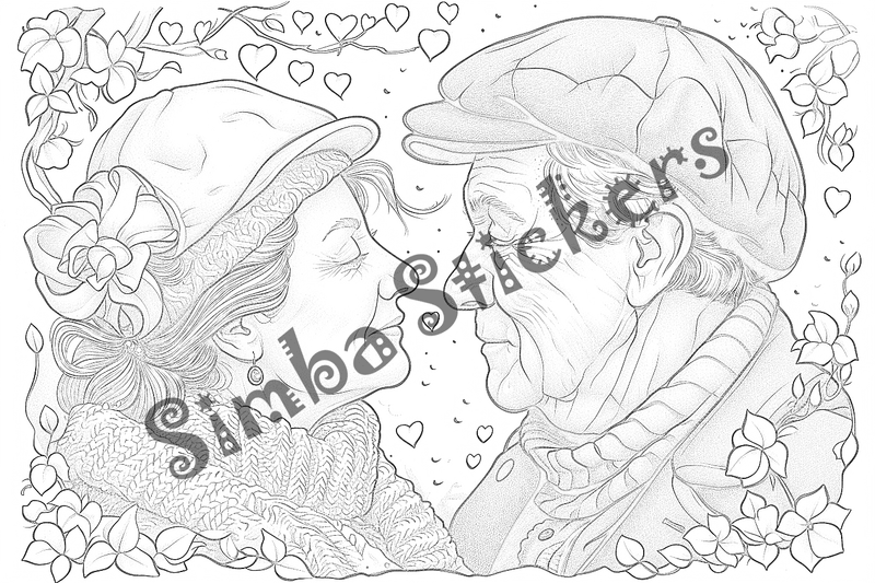 Colouring pages, bundle of people, grandparents in love at picnic, 25 images