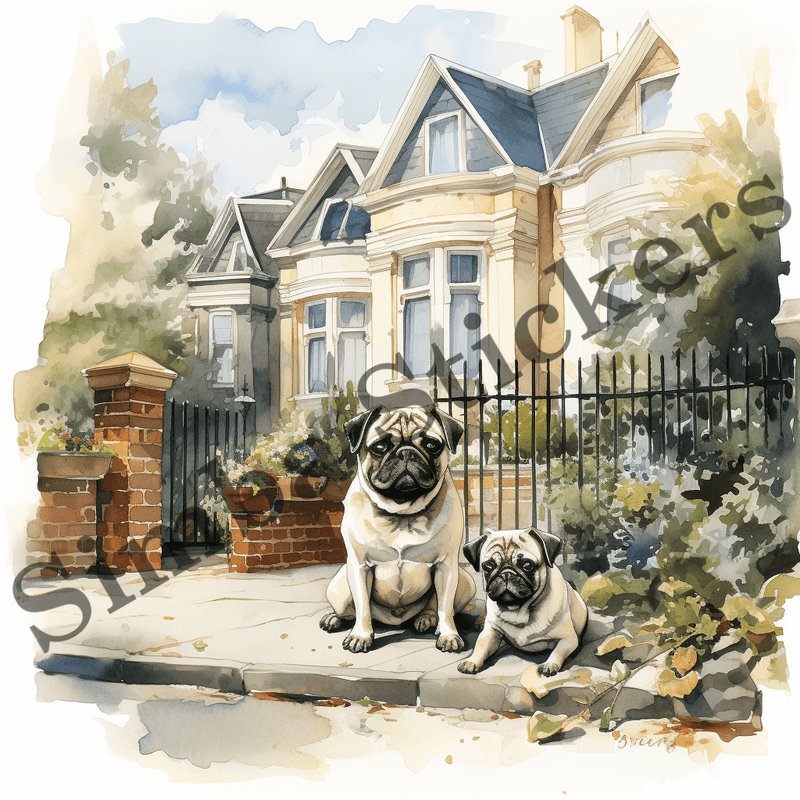 Pug dogs outdoors, image set, 10 images