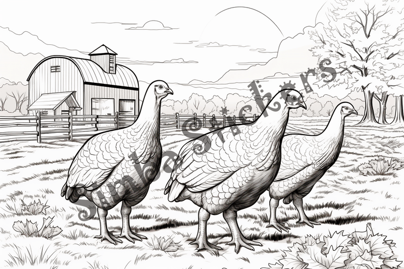 Colouring pages, bundle of turkeys on a farm, 10 images