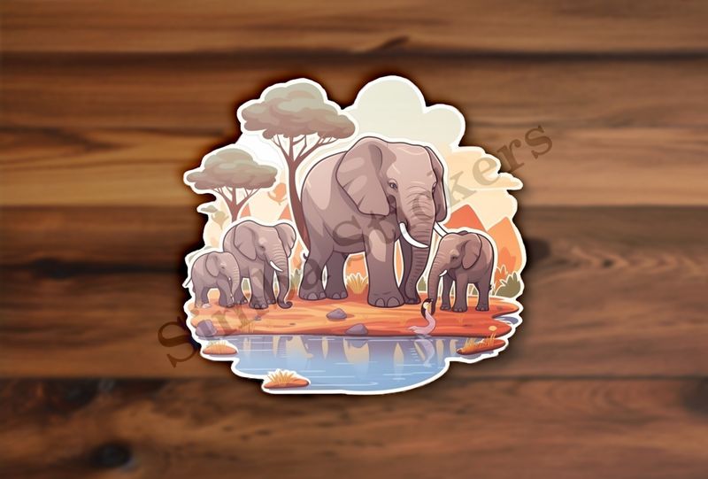 African elephant family at a pond in the Savanna