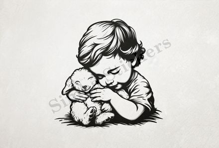 Lamb hugged by a small boy , outline art