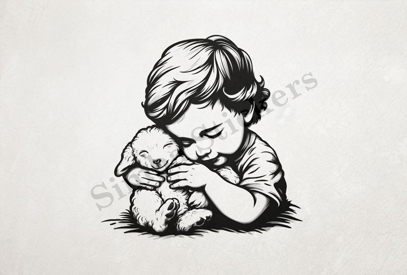 Lamb hugged by a small boy , outline art