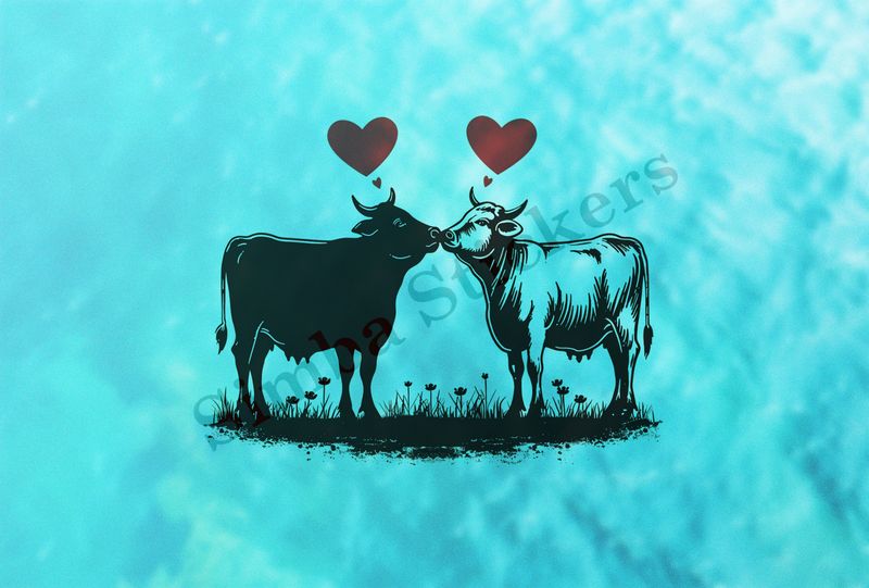 Bull and cow in love, standing, hearts in picture, outline art